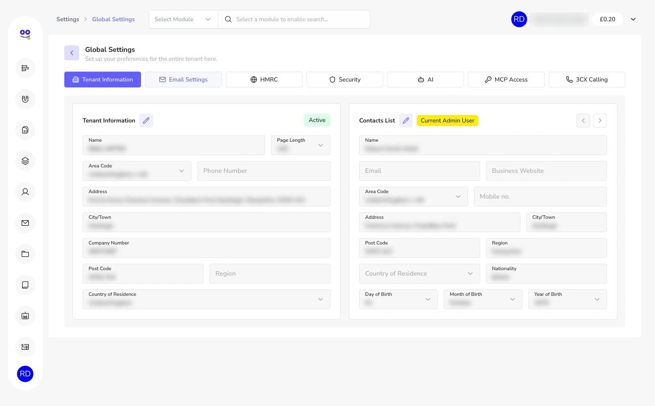 Tenant information and admin contact settings (blurred)