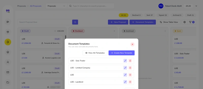 Document templates dialog listing letter of engagement templates for sole traders, limited companies and landlords