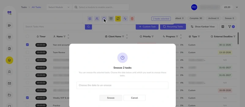 Snooze two tasks dialog with un-snooze date