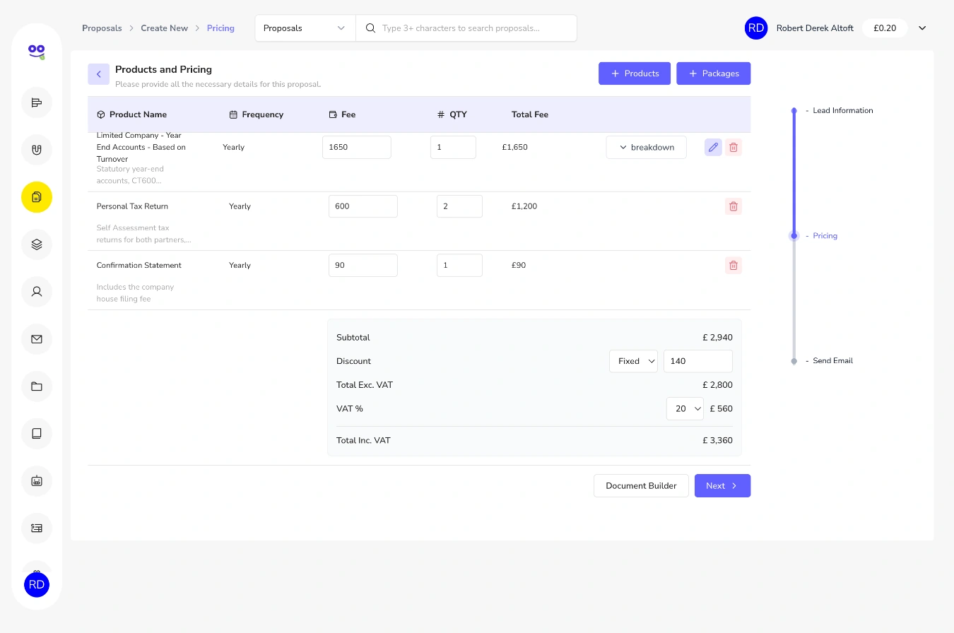 Proposal pricing table with services, frequency, fees, quantities, discount, VAT and total including VAT