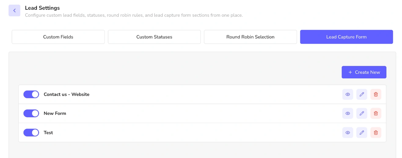 Lead source tracking in Remindoo: Lead capture form list with active toggles and preview, edit and delete buttons