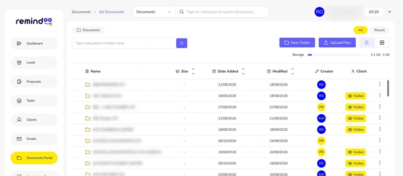 Documents portal list of client folders with visibility badges and storage bar