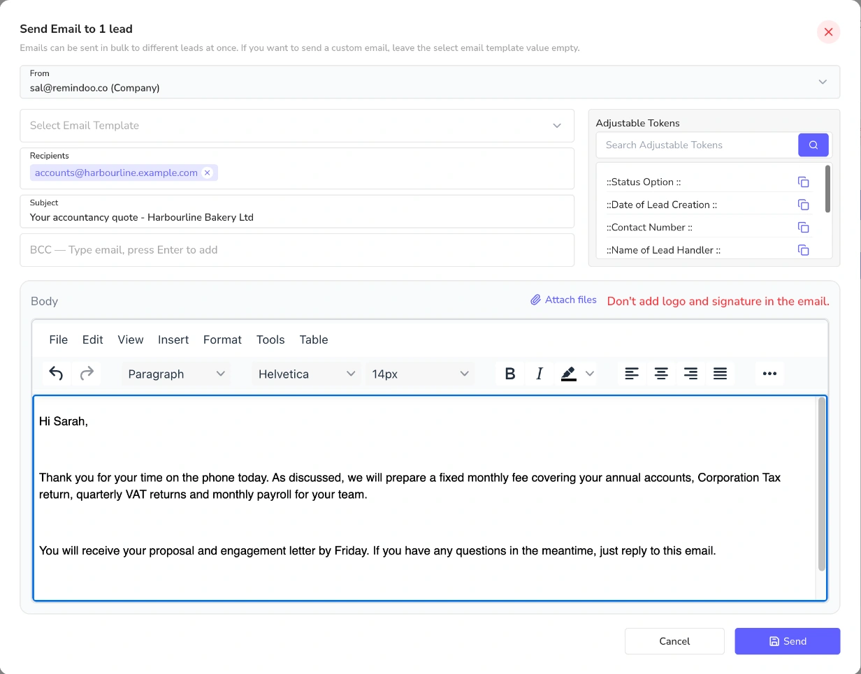 Send email to lead window with from mailbox, email template, recipient, subject, BCC, adjustable tokens and email body