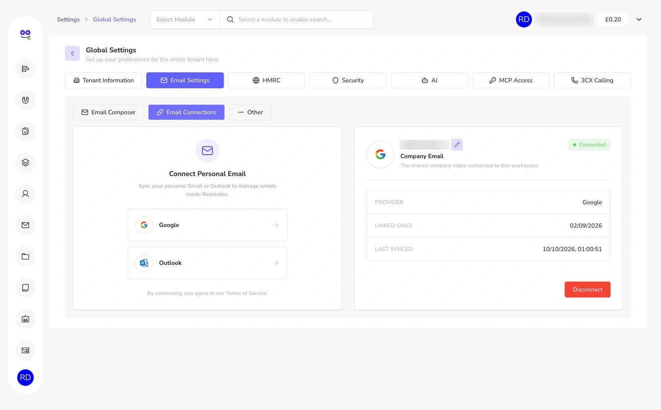 Email connections with Google and Outlook and connected company email