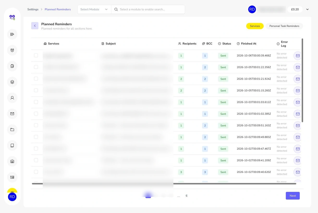 Planned reminders log with sent status and error log (client names blurred)
