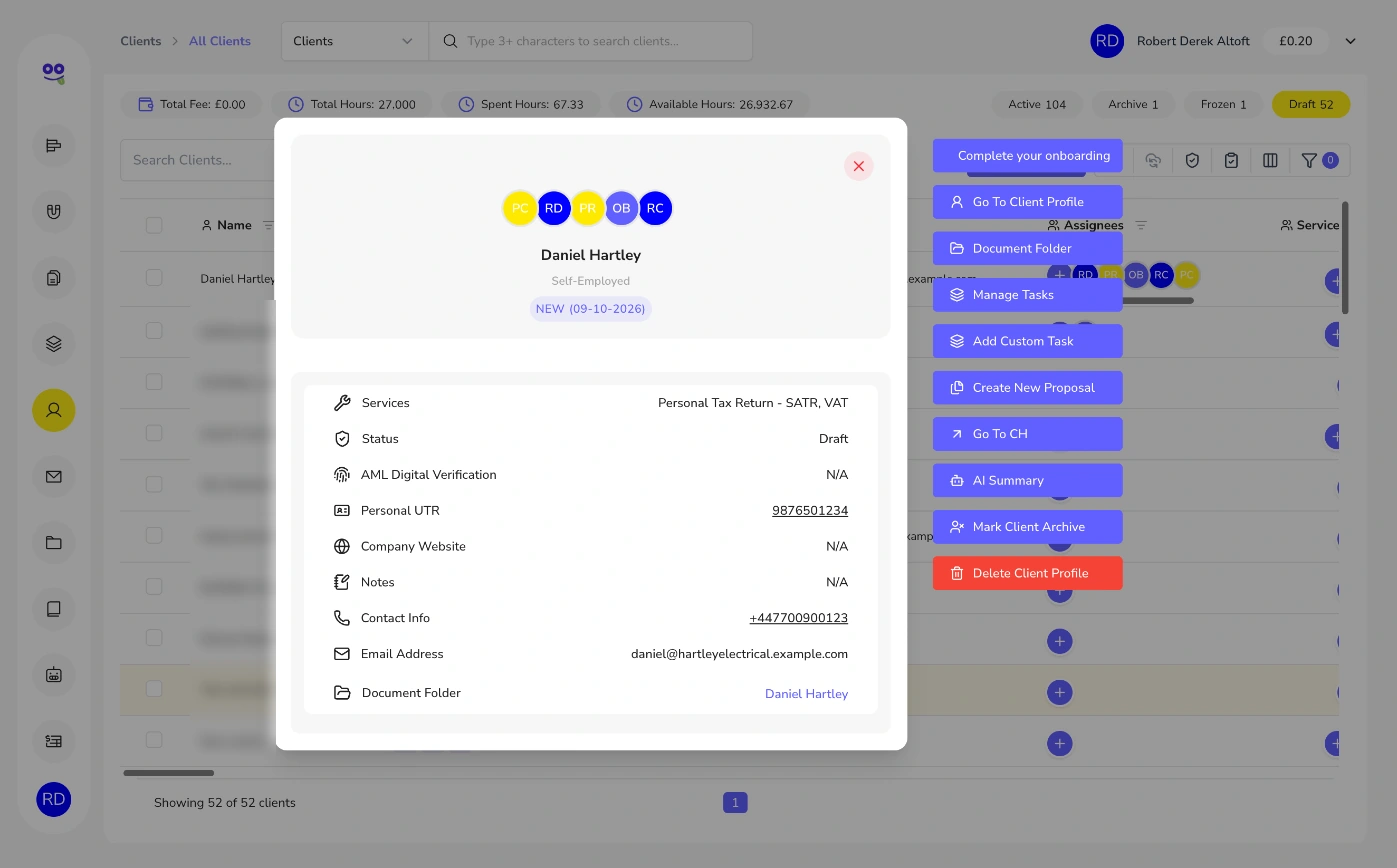 Create task from client in Remindoo: Client quick view with services, status, UTR and action buttons