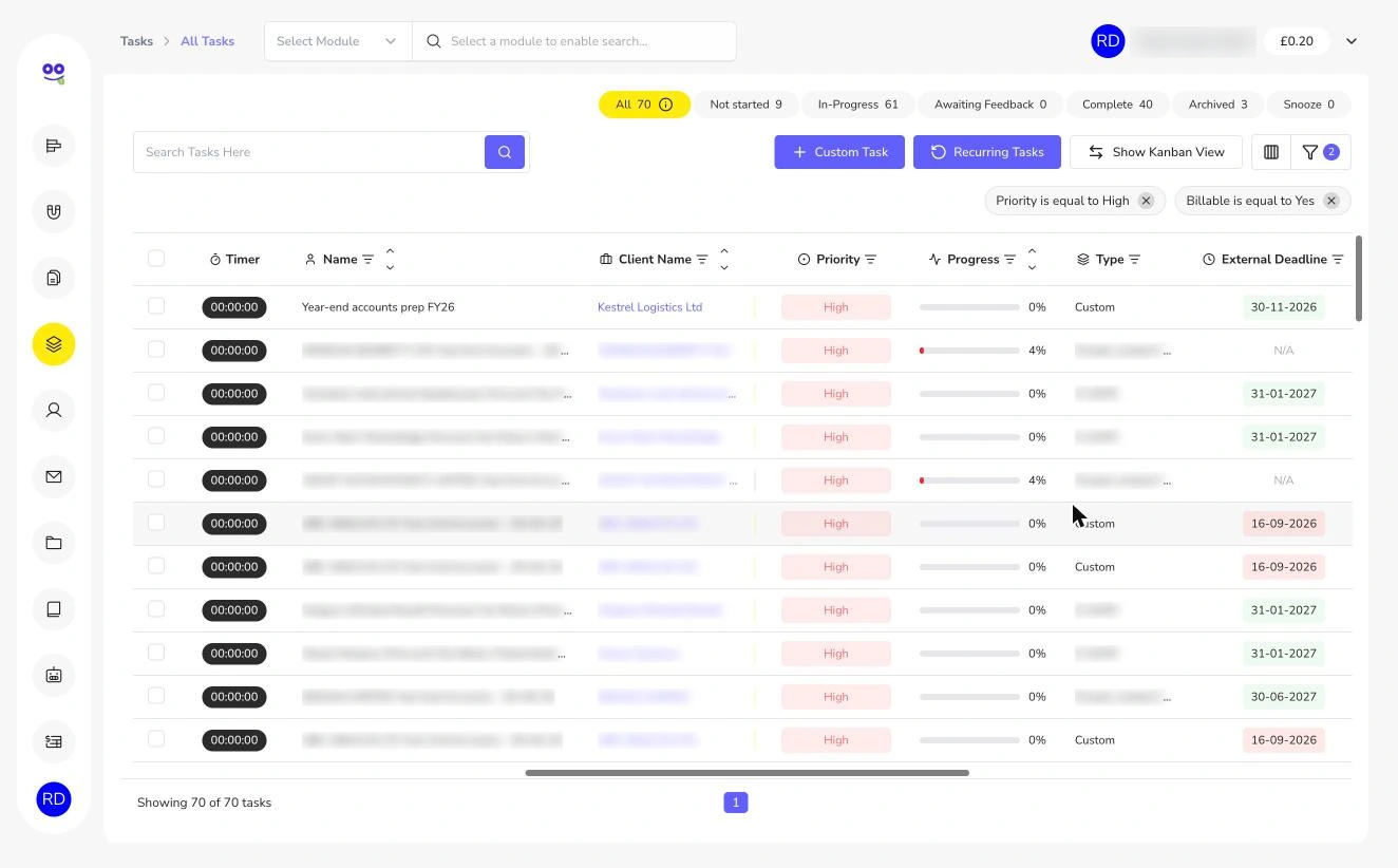 Filtered task list with filter chips and updated status counts