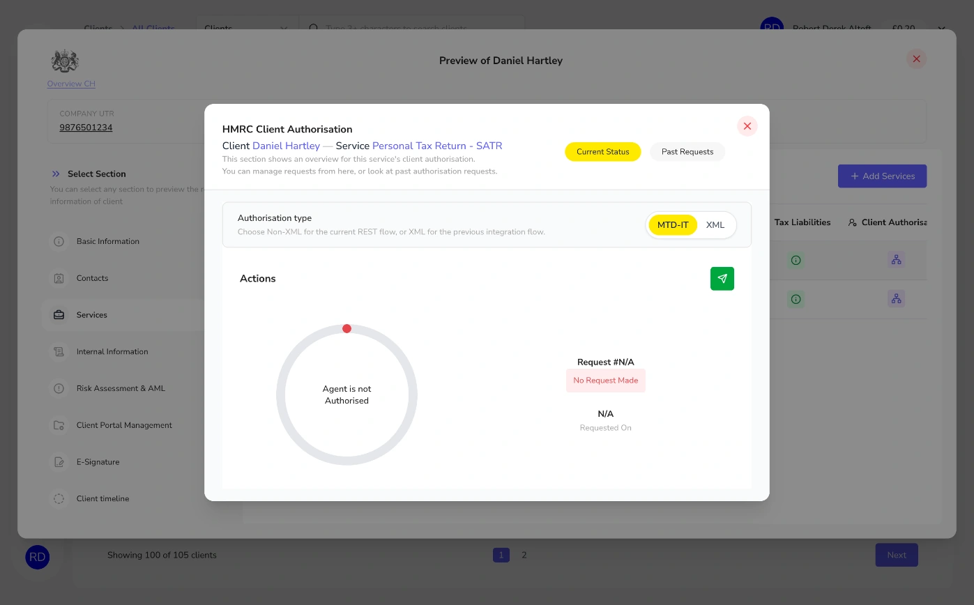 HMRC client authorisation with MTD-IT and XML options and agent not authorised status