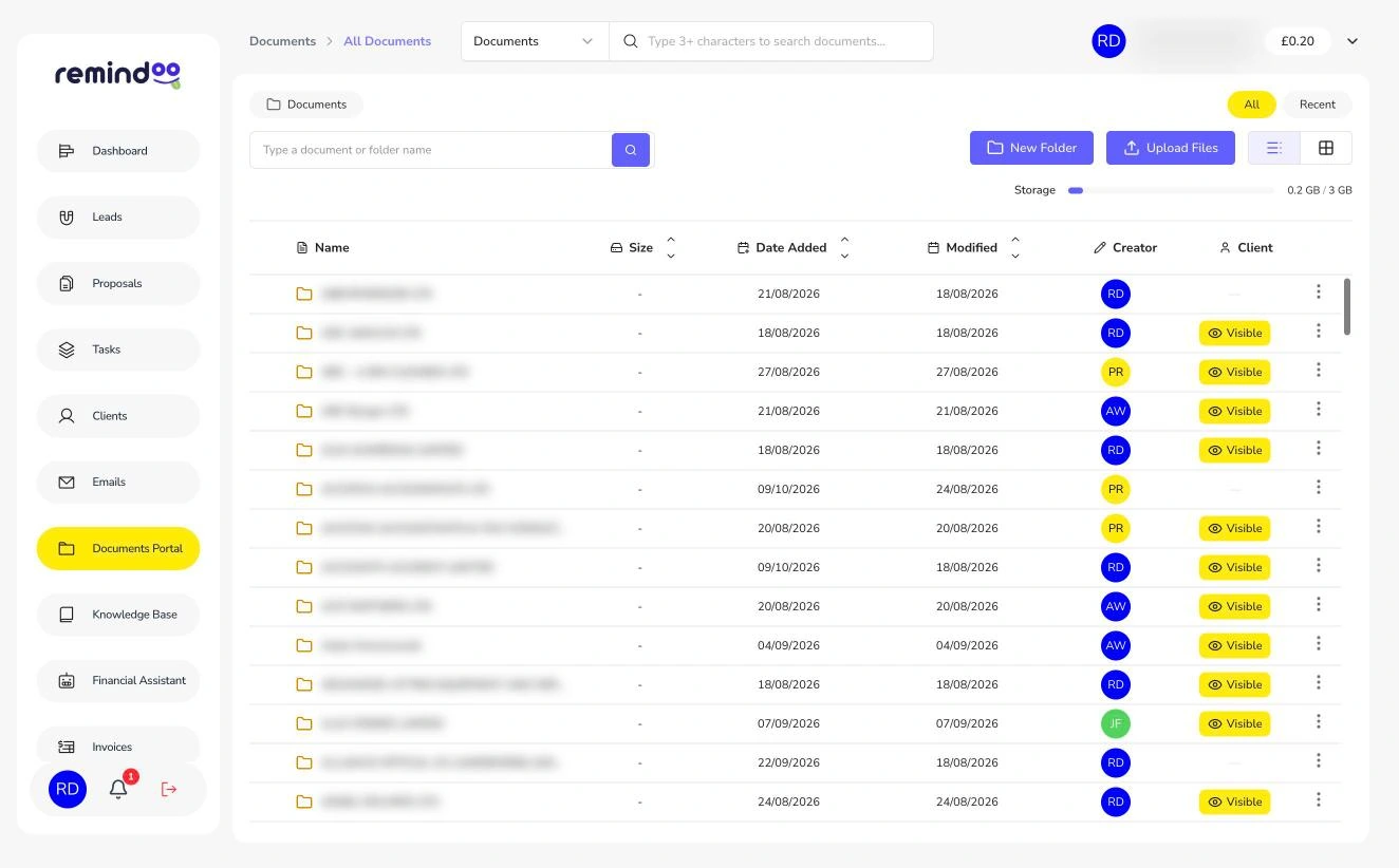 Documents portal list of client folders with visibility badges and storage bar