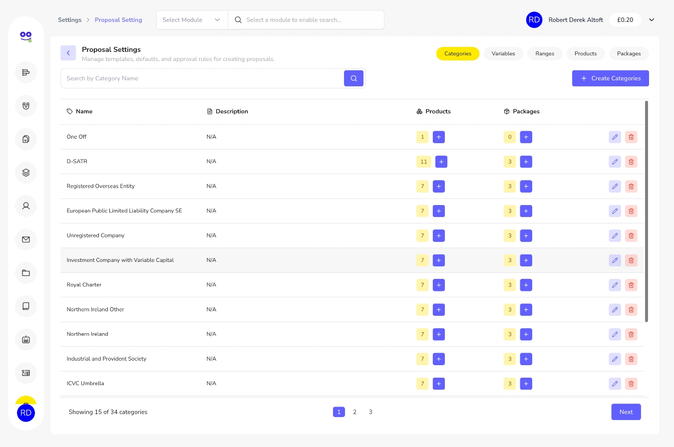 Proposal settings categories list with client types and product and package counts