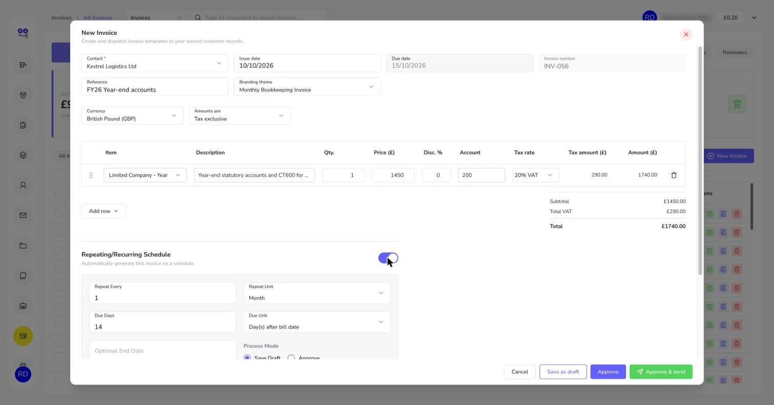 New invoice form with VAT, account code and line items