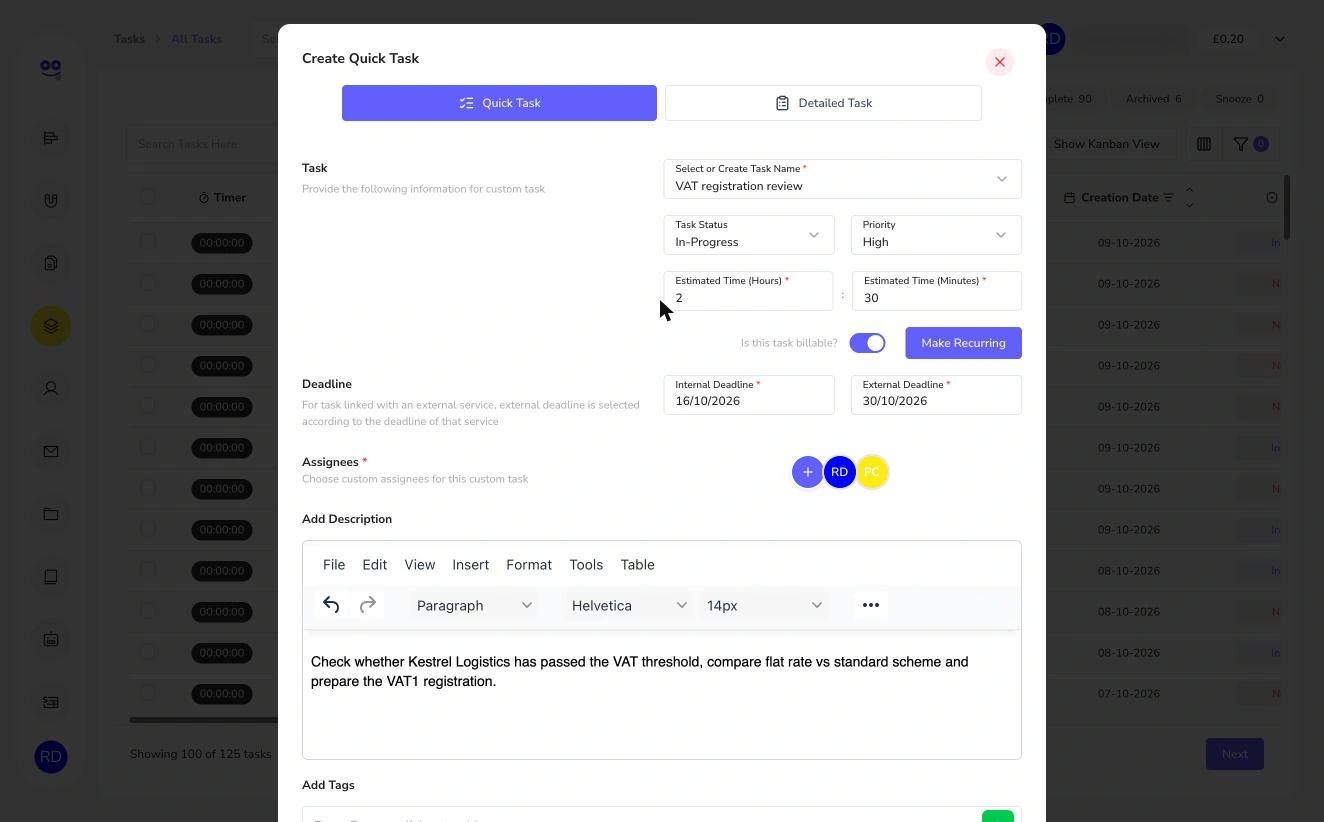Create Quick Task form with status, priority, estimated time, billable toggle, deadlines and assignees