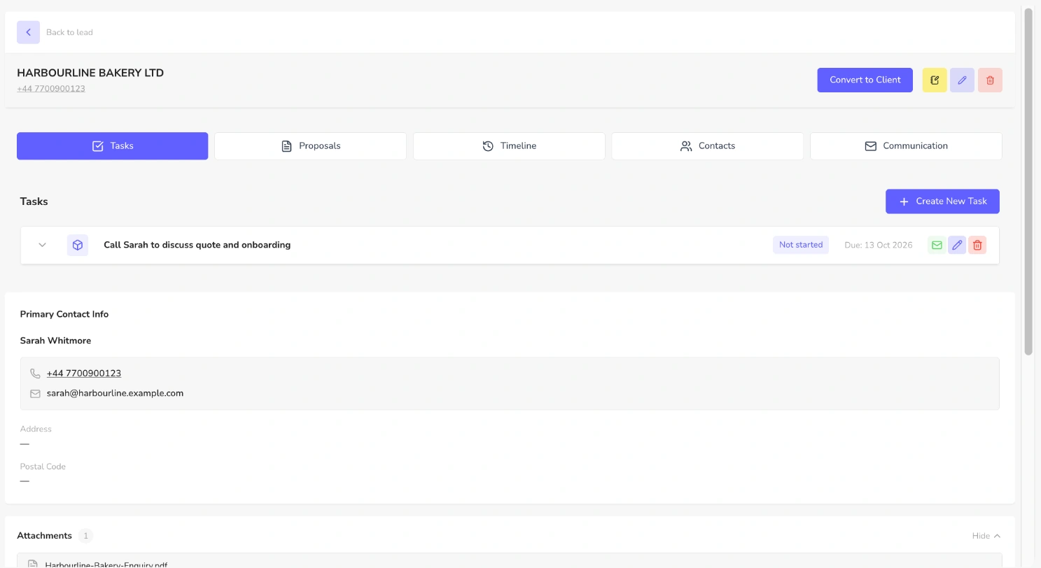 Lead profile for Harbourline Bakery Ltd with tabs for tasks, proposals, timeline, contacts and communication and a follow-up task