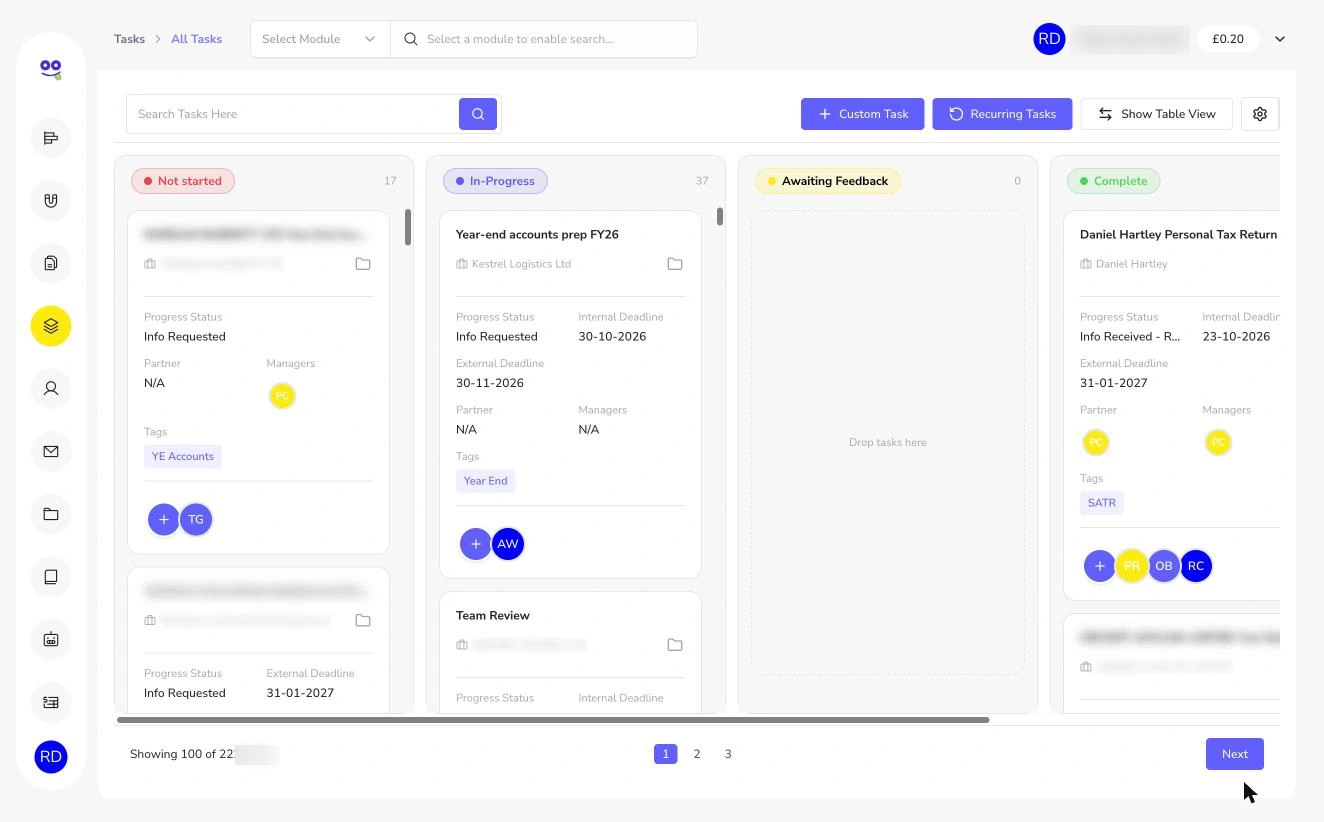 Kanban cards showing client name, internal and external deadlines