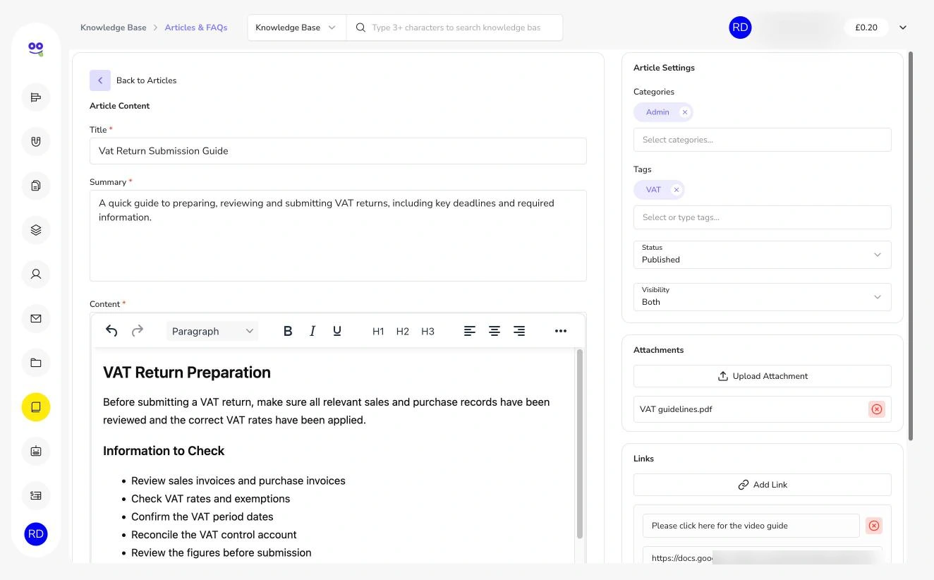 Article editor with categories, tags, status, visibility, attachments and links