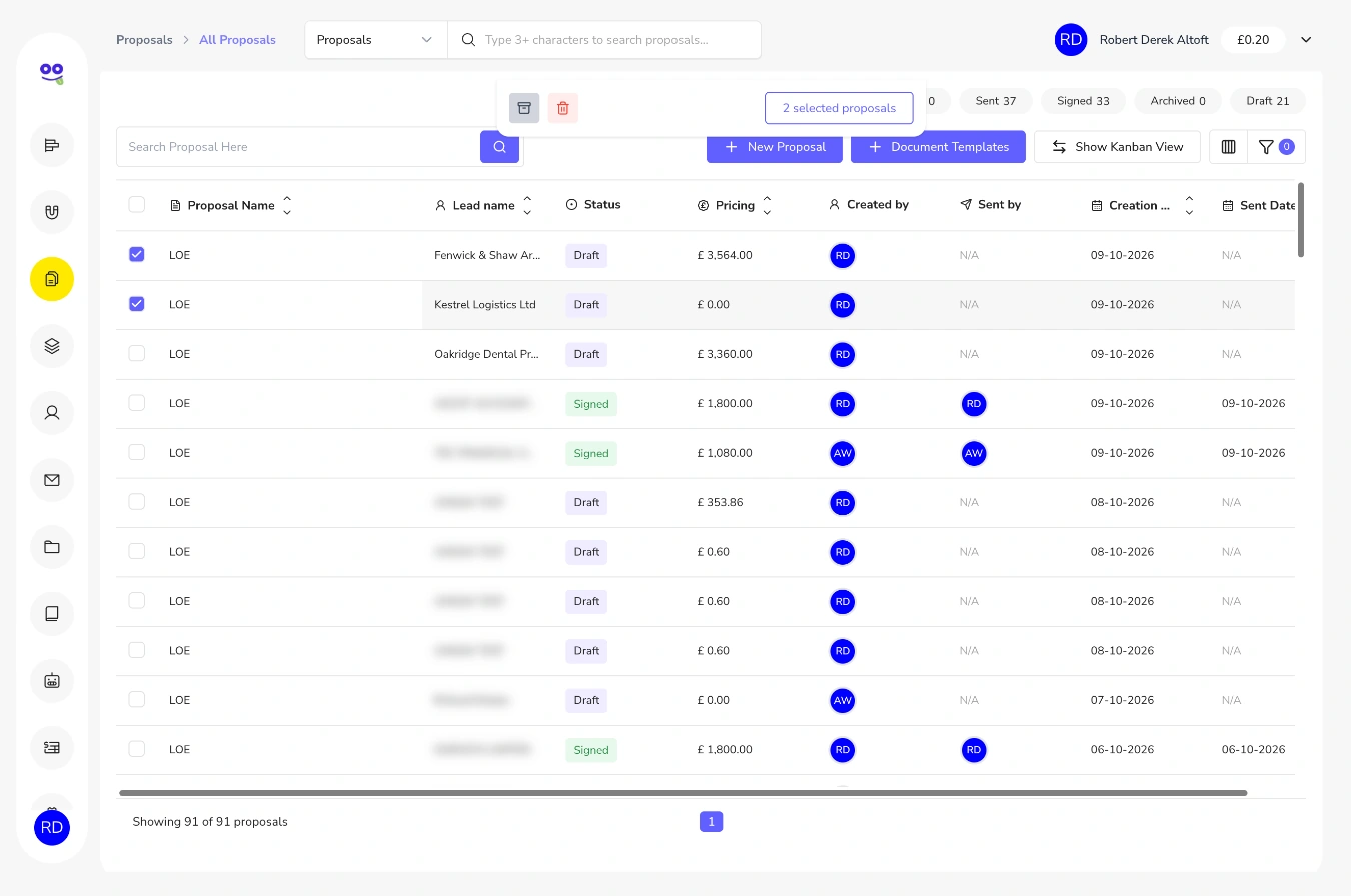 Two proposals selected with bulk archive and delete actions in Remindoo