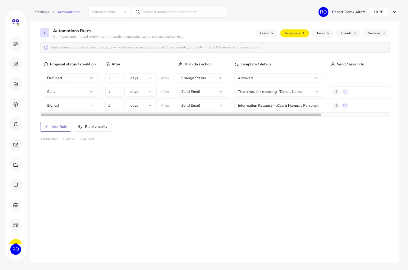 Proposal automation rules for declined, sent and signed proposals with wait times, actions, templates and recipients