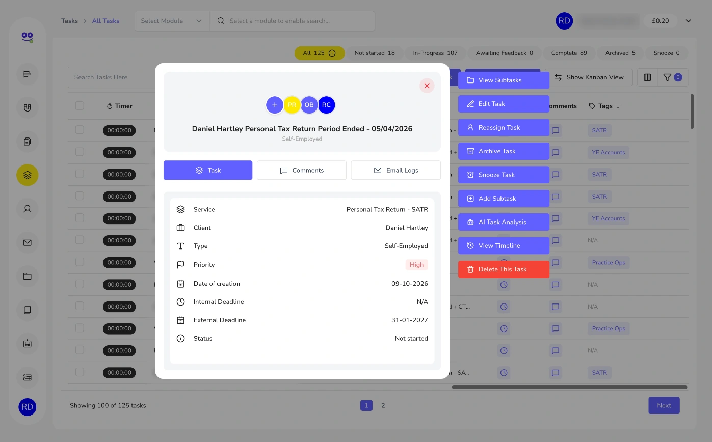 Task quick view with service, client, deadlines and action buttons