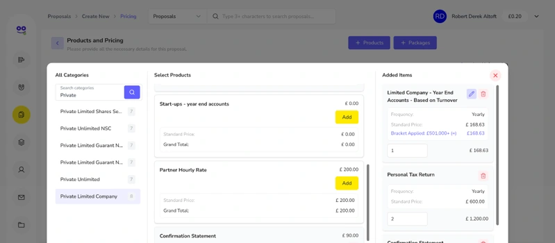 Proposal product picker with client type categories, services and added items with quantities and total