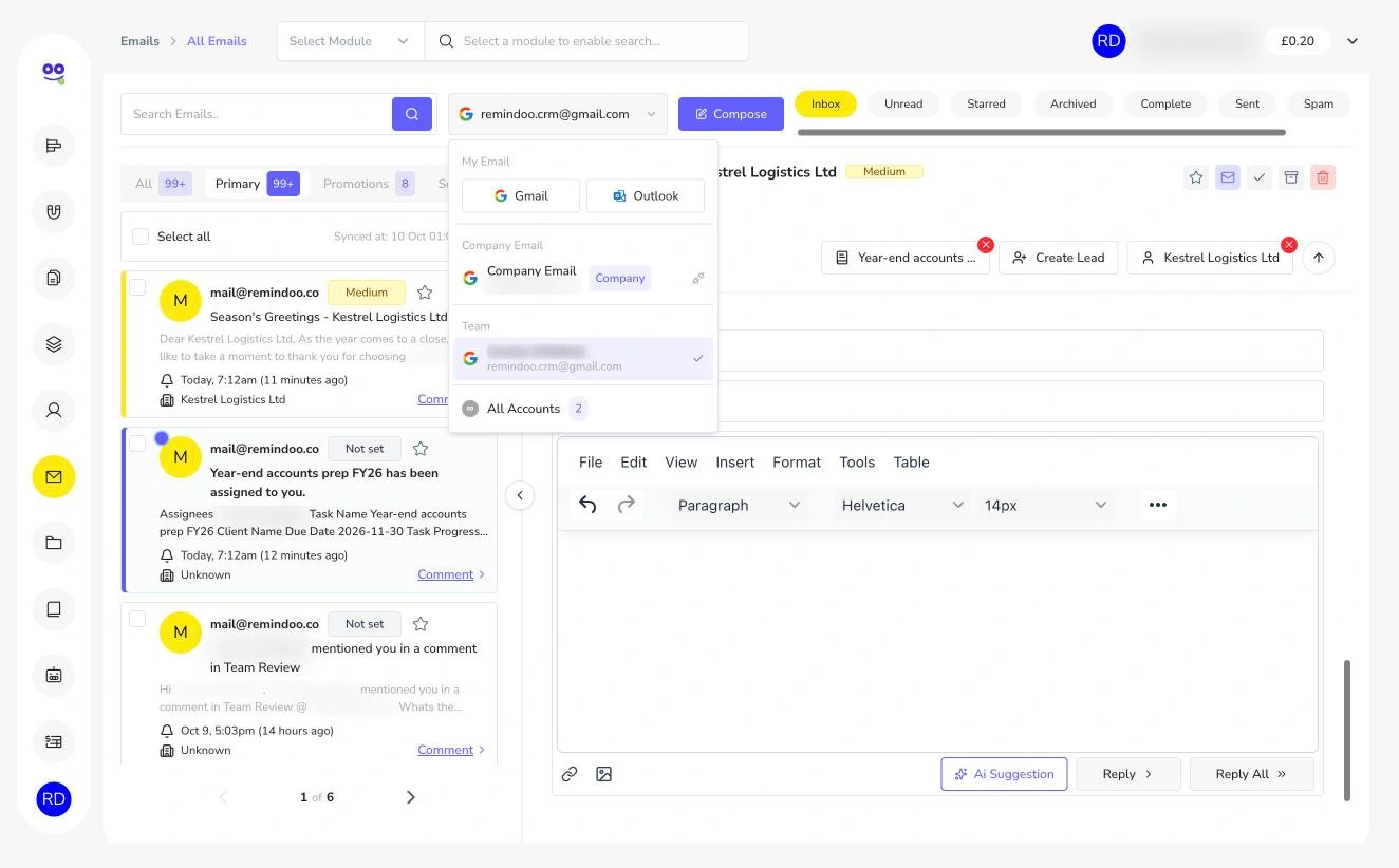 Mailbox switcher with Gmail, Outlook, company email, team mailbox and all accounts