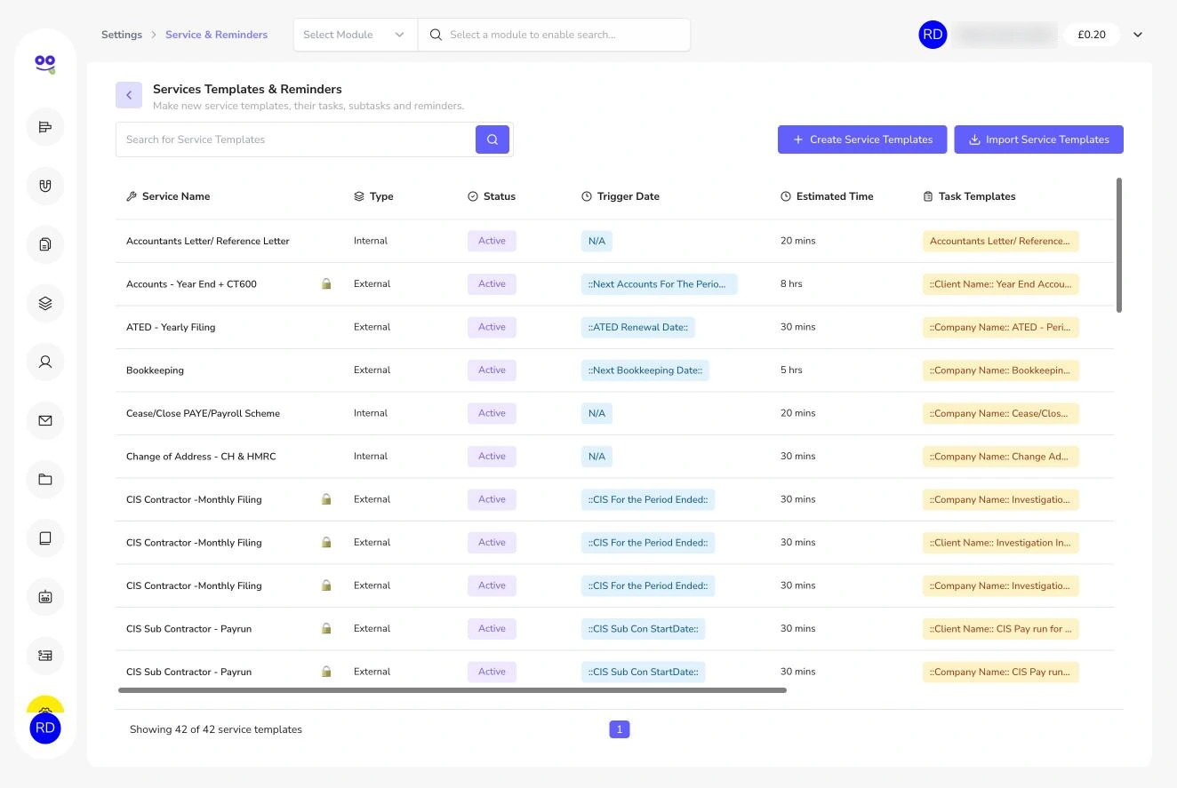 Service templates list with trigger dates and estimated time