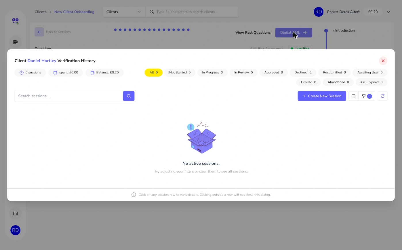 Client verification history with session statuses, spend and balance