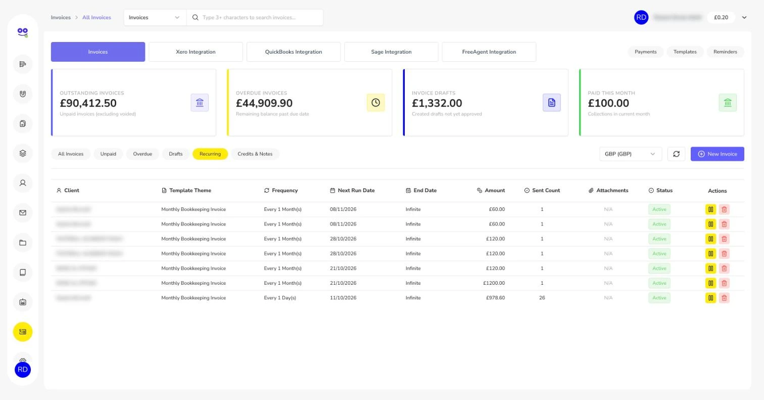 List of recurring invoice plans with next run dates