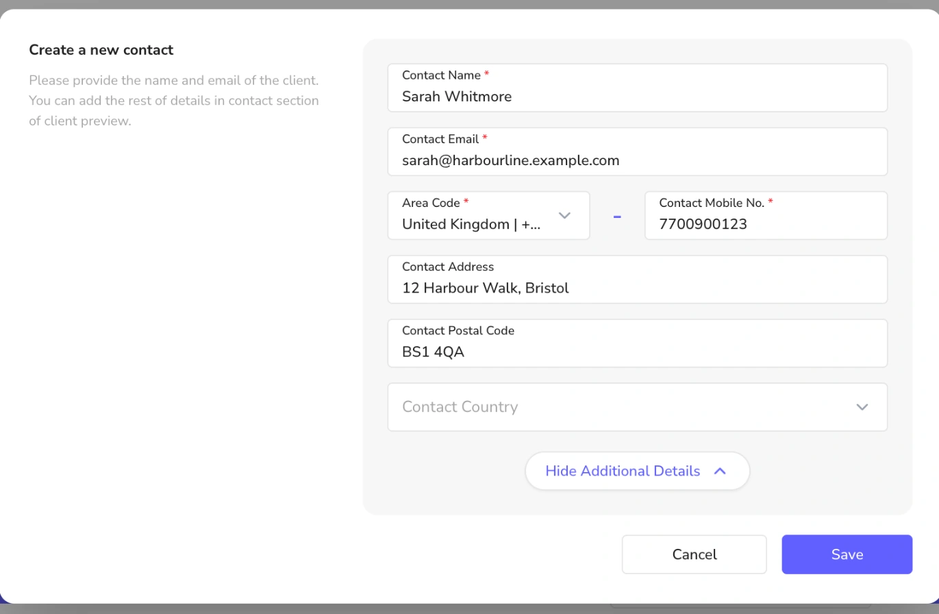 Create a new contact form for a lead with contact name, email, mobile number, address and postal code