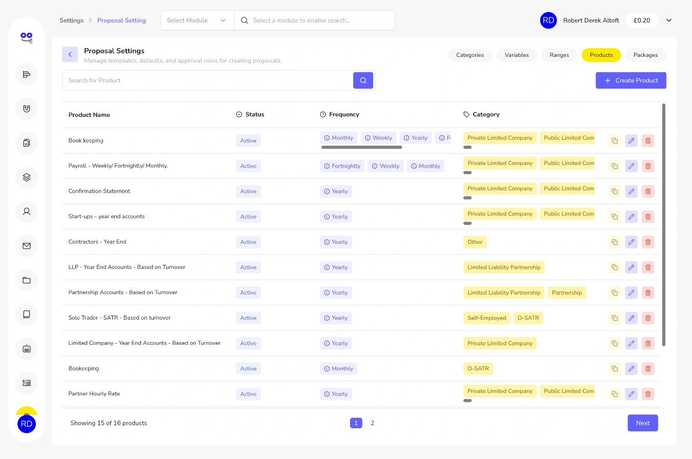 Services catalogue with bookkeeping, payroll, confirmation statement and year end accounts products, frequency and categories