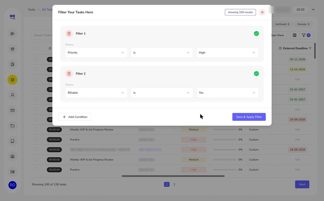 Two task filter conditions for priority and billable