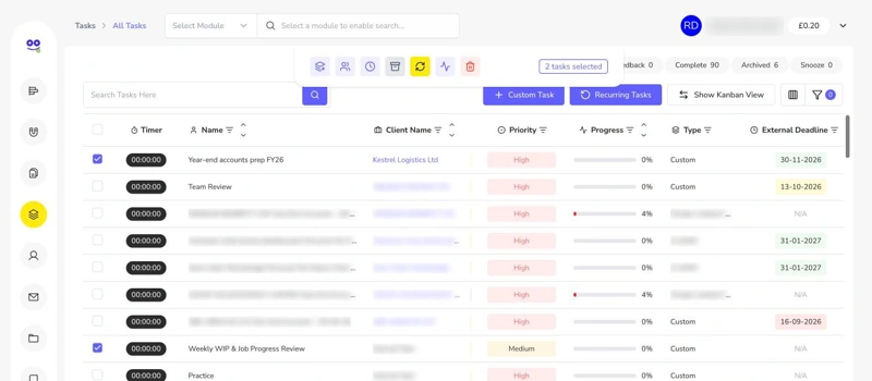 Bulk action bar with two tasks selected