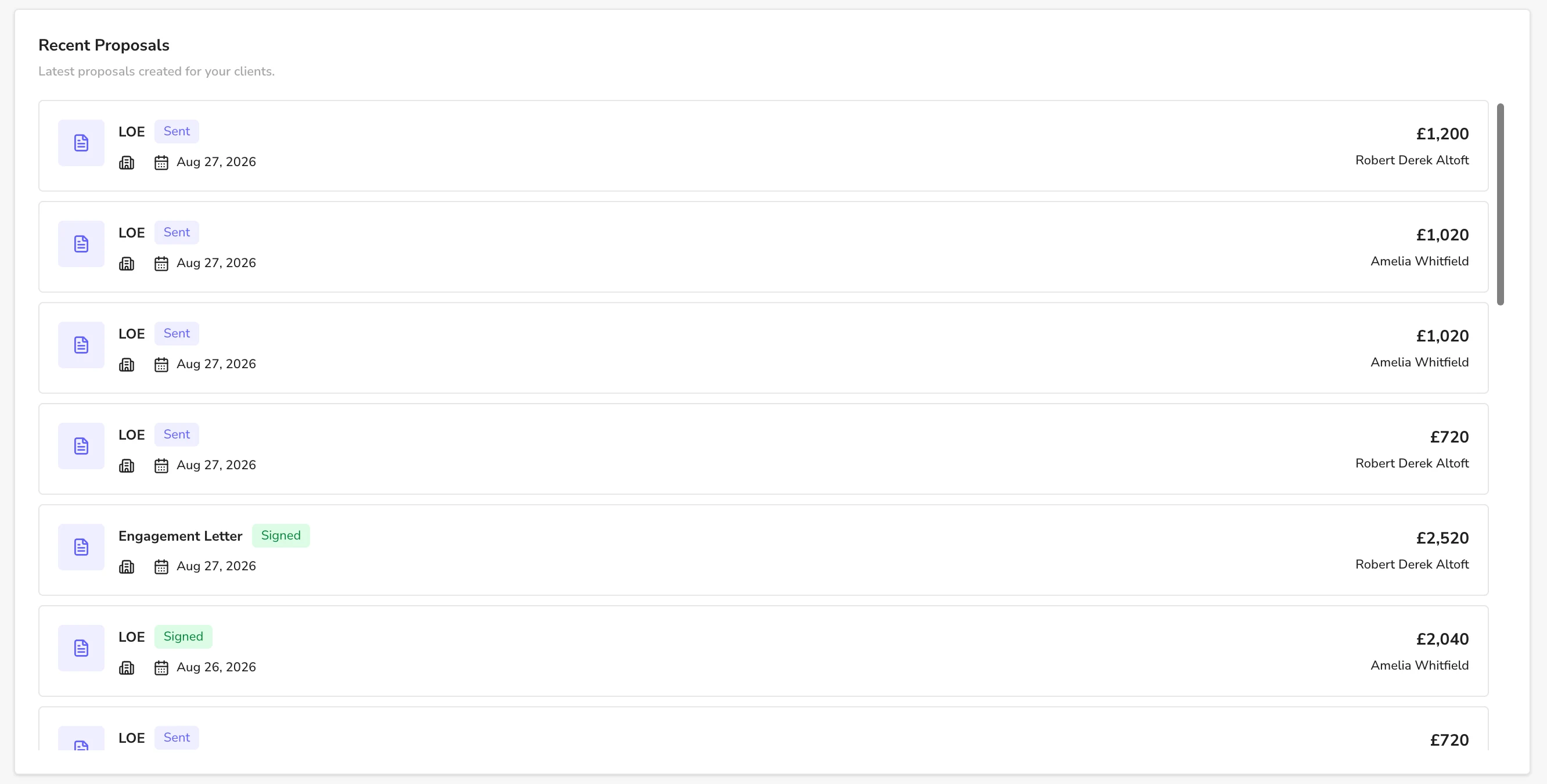 Recent proposals list showing letters of engagement with sent and signed statuses, dates, values and owners