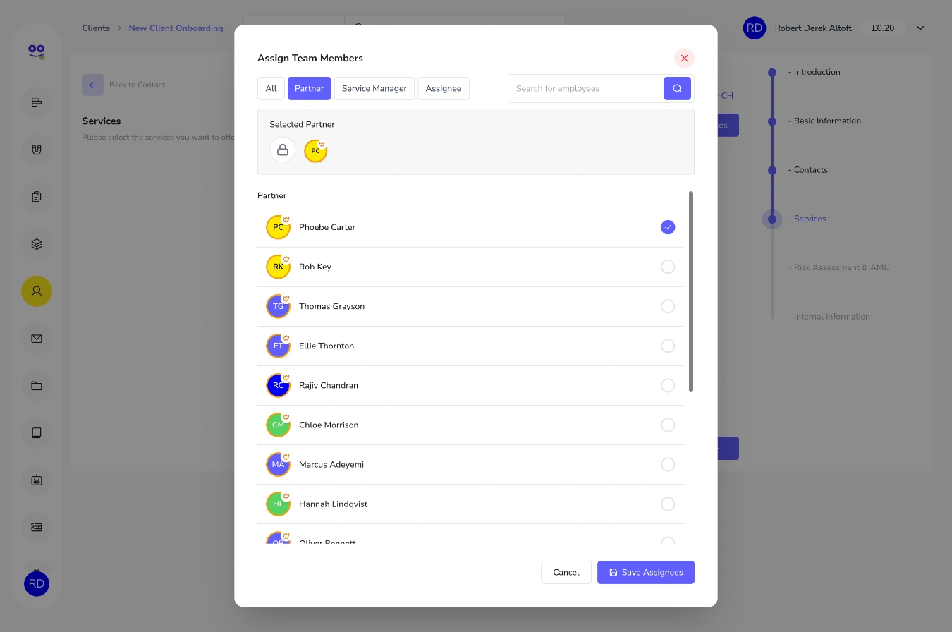 Assign team members dialog with partner selected