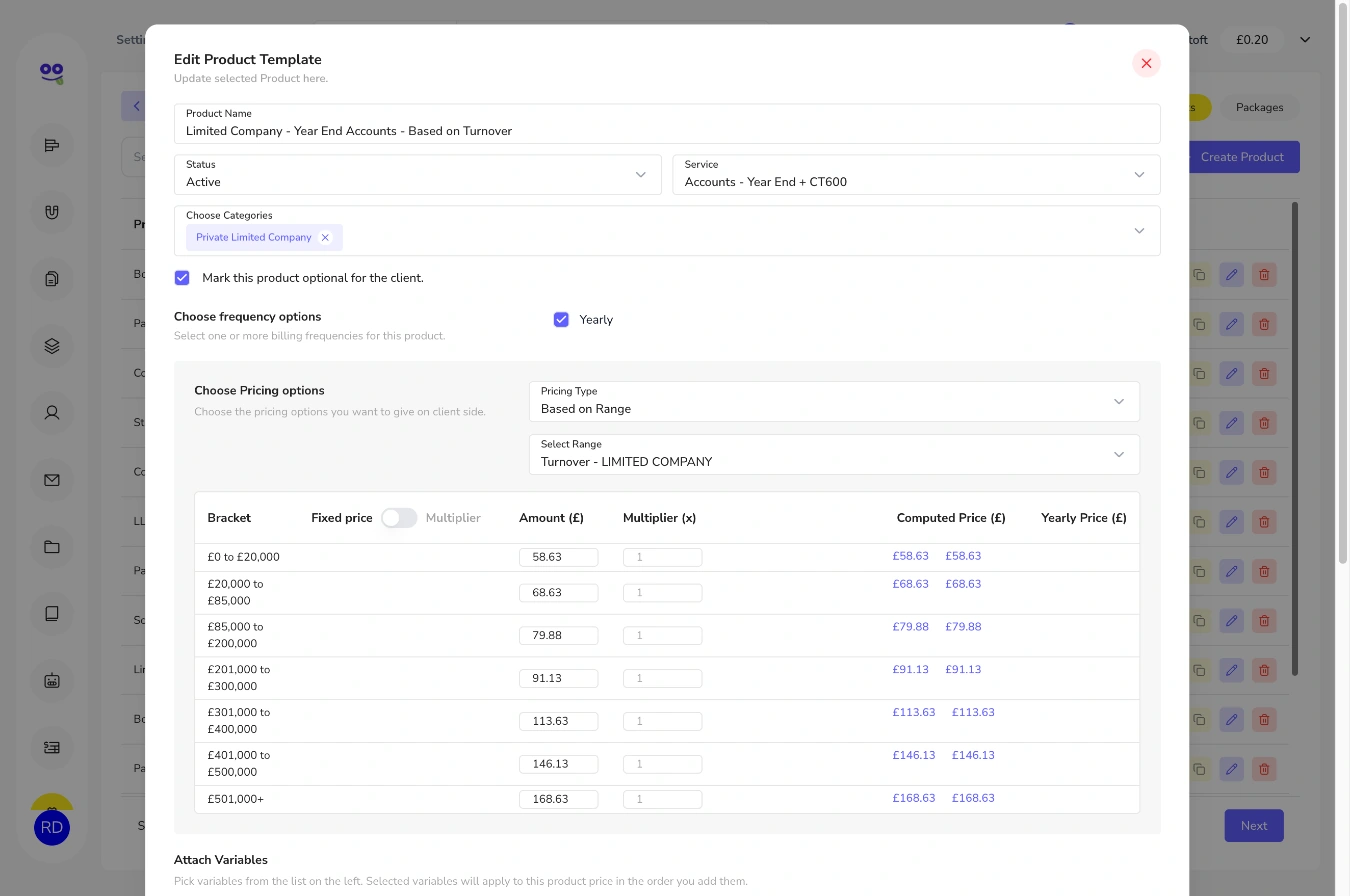 Edit product template showing range-based pricing with brackets, amounts, multipliers and computed prices