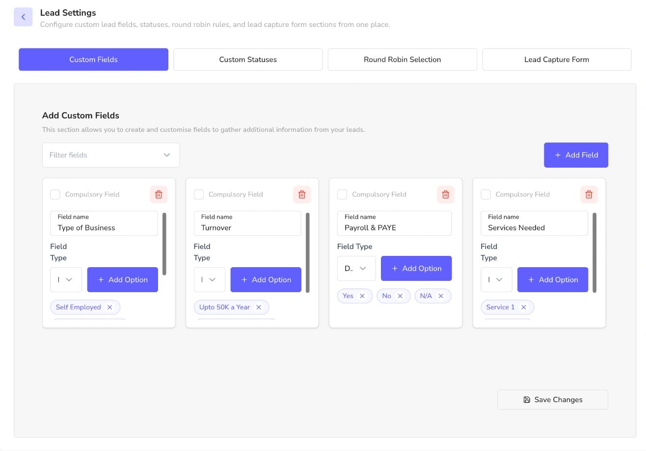 Lead settings custom fields for type of business, turnover, payroll and services needed with options