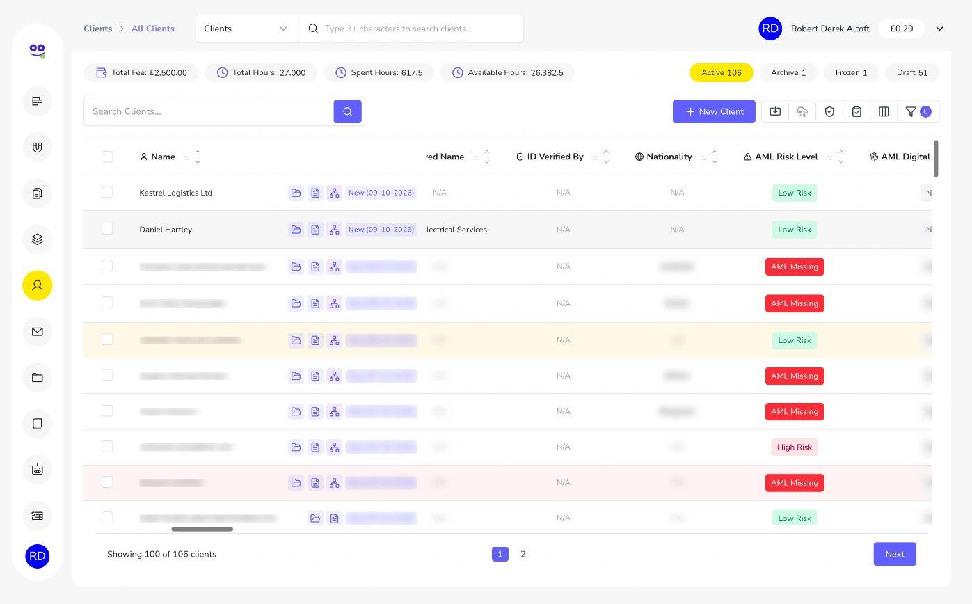 Clients list with frozen name column and AML risk level badges showing low risk, high risk and AML missing