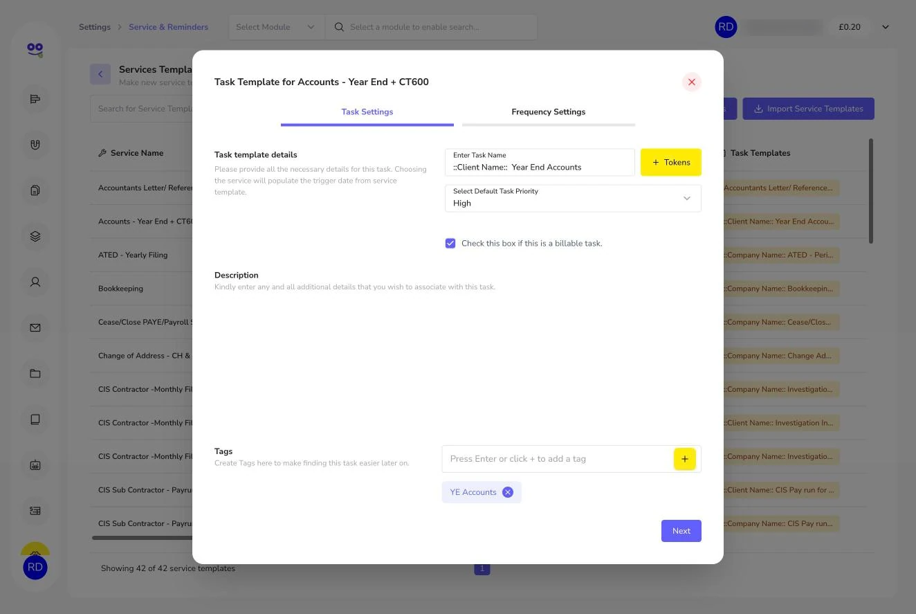 Create tokens for emails and tasks in Remindoo: Remindoo task template with client name tokens, period end tokens and task tags