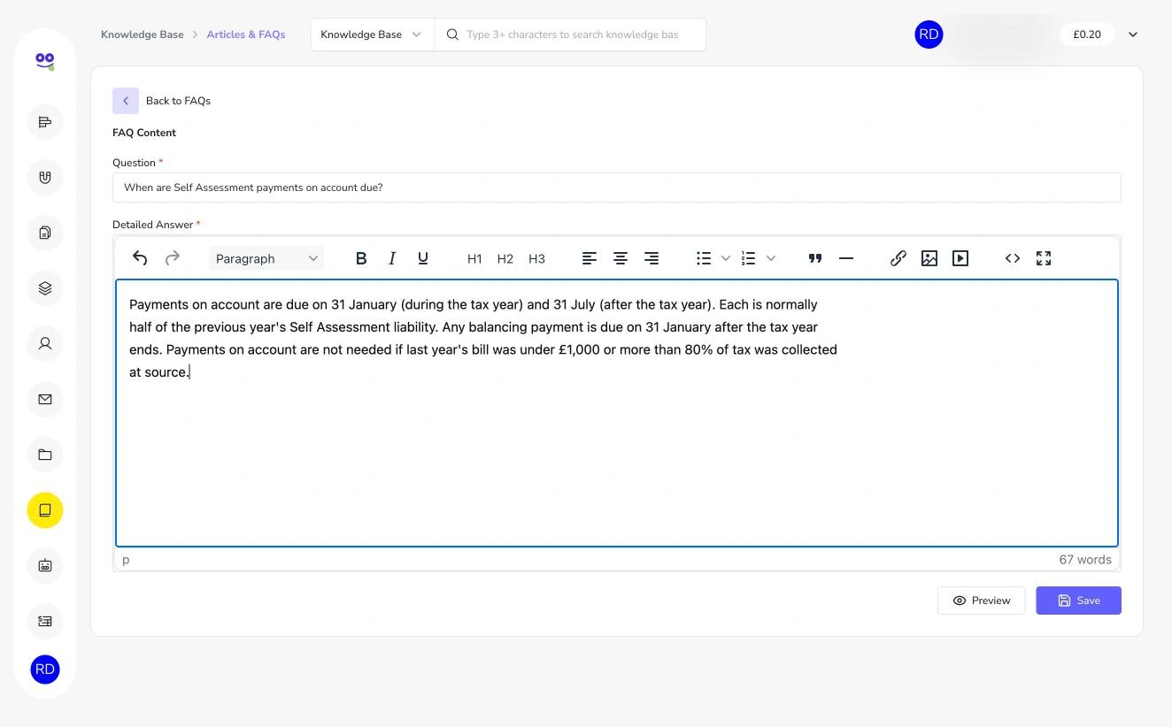 New FAQ form with Self Assessment payments on account answer