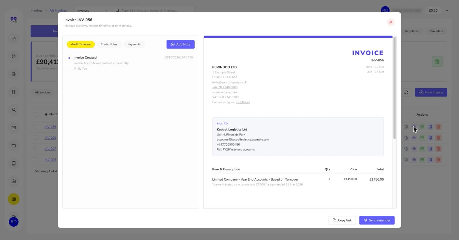 Invoice preview with audit timeline