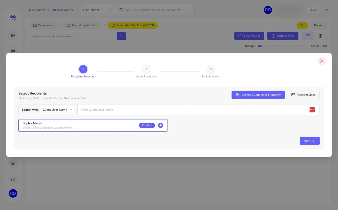 E-sign recipient selection with client contact