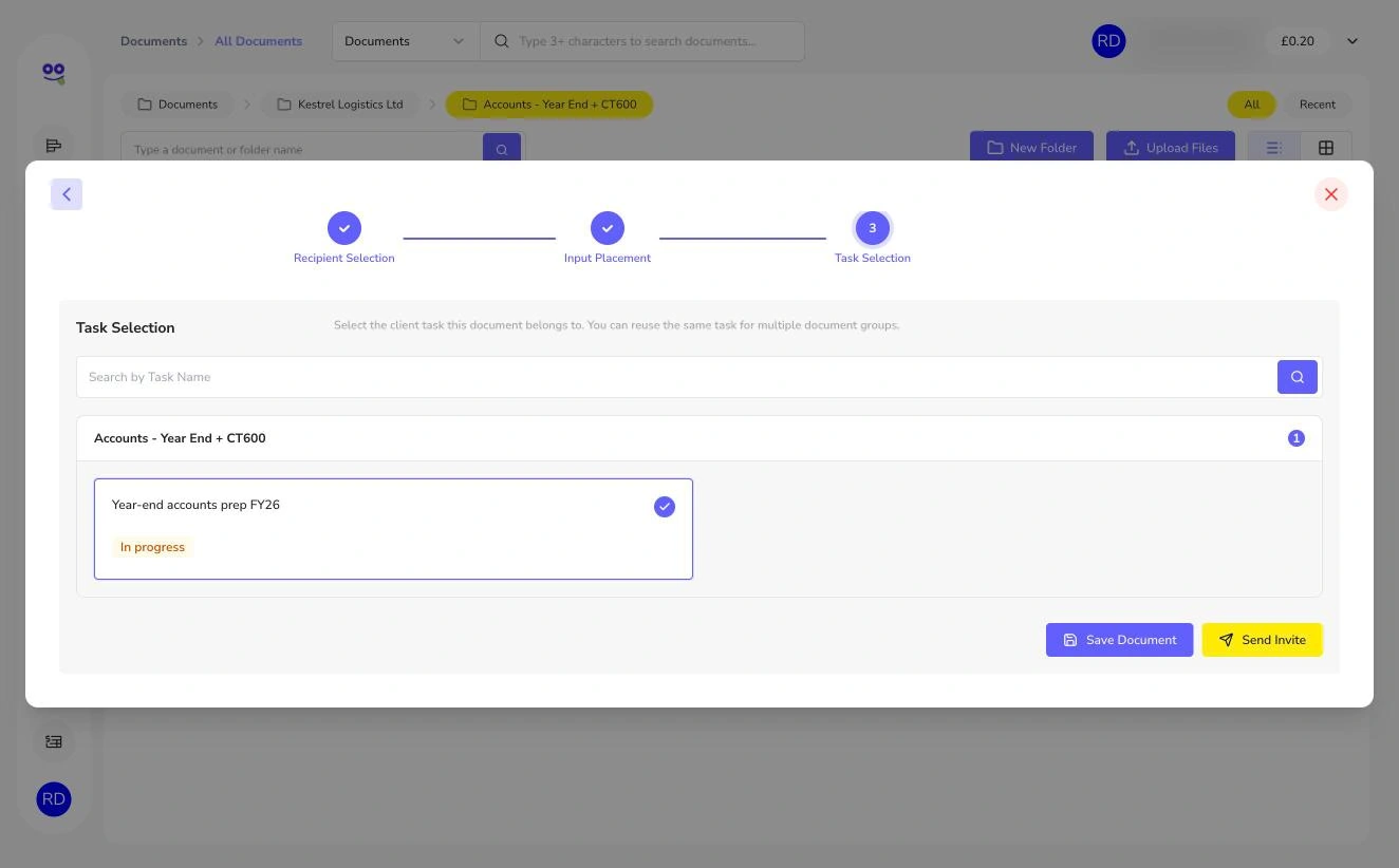 E-sign task selection with year-end task and send invite button