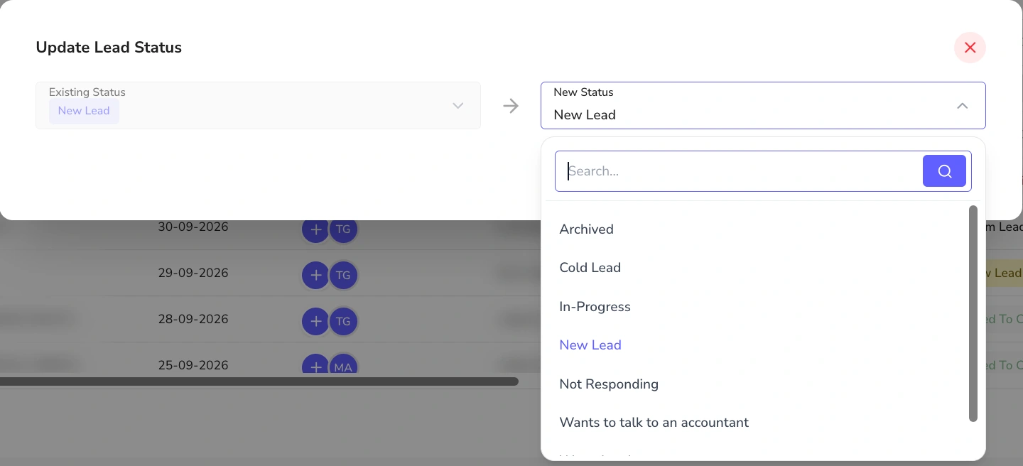 Update lead status dialog showing existing status New Lead and a list of new statuses to choose from