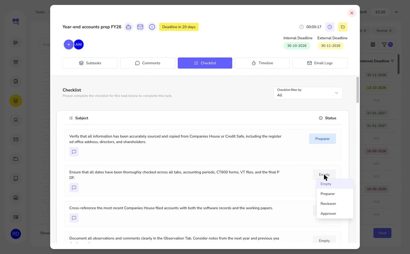 Task checklist with preparer, reviewer and approver sign-off options
