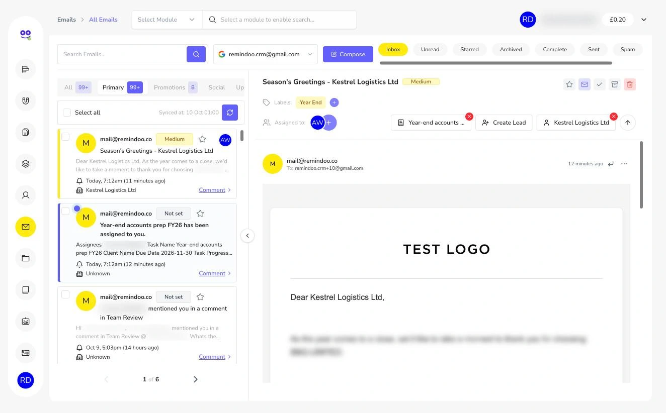 Email with medium priority, Year End label, assignee, linked task and client