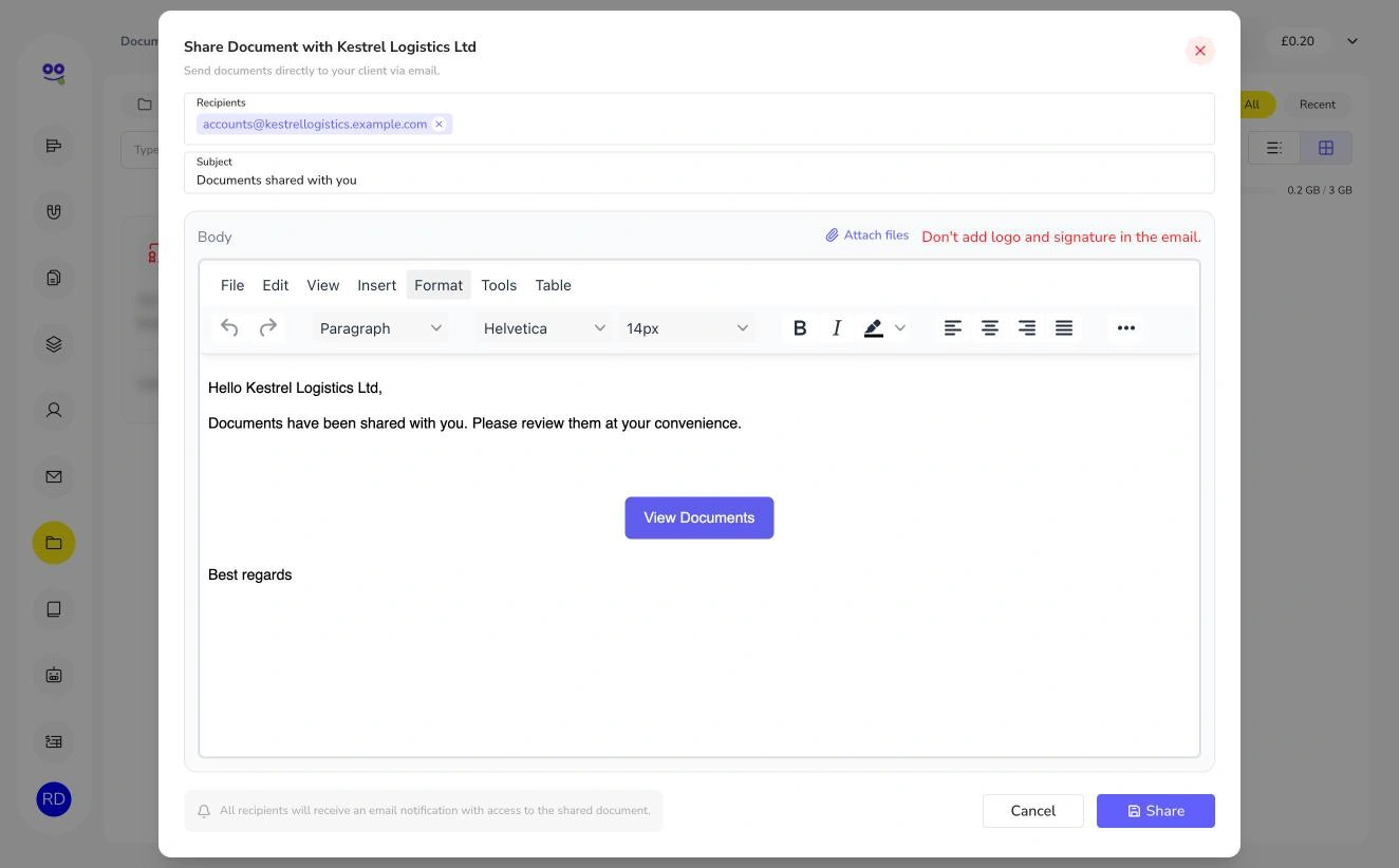 Share document email with view documents button