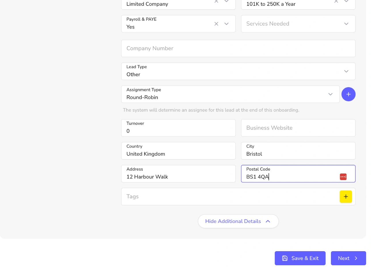 Additional lead details including company number, lead type, round-robin assignment, country, city, address, postal code and tags