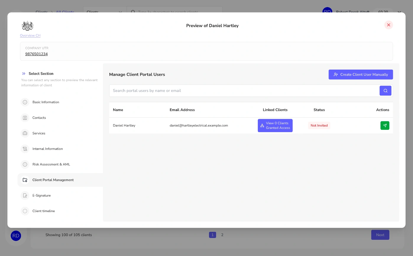Client portal users with invite action