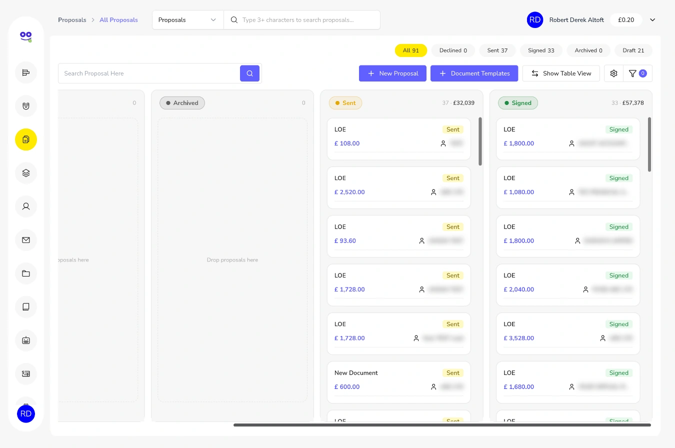 Sent and Signed kanban columns with proposal counts and total values
