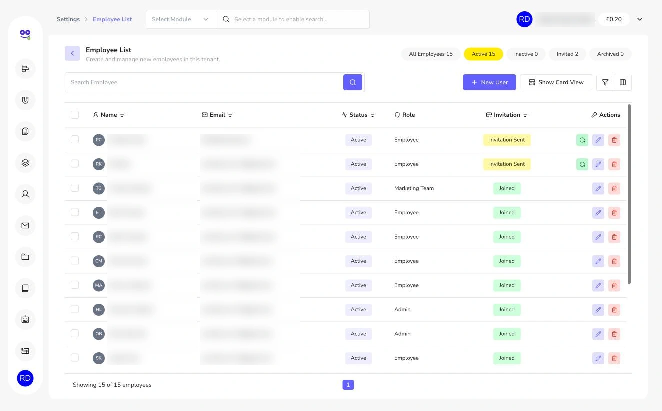 Employee list with roles and invitation status (names blurred)