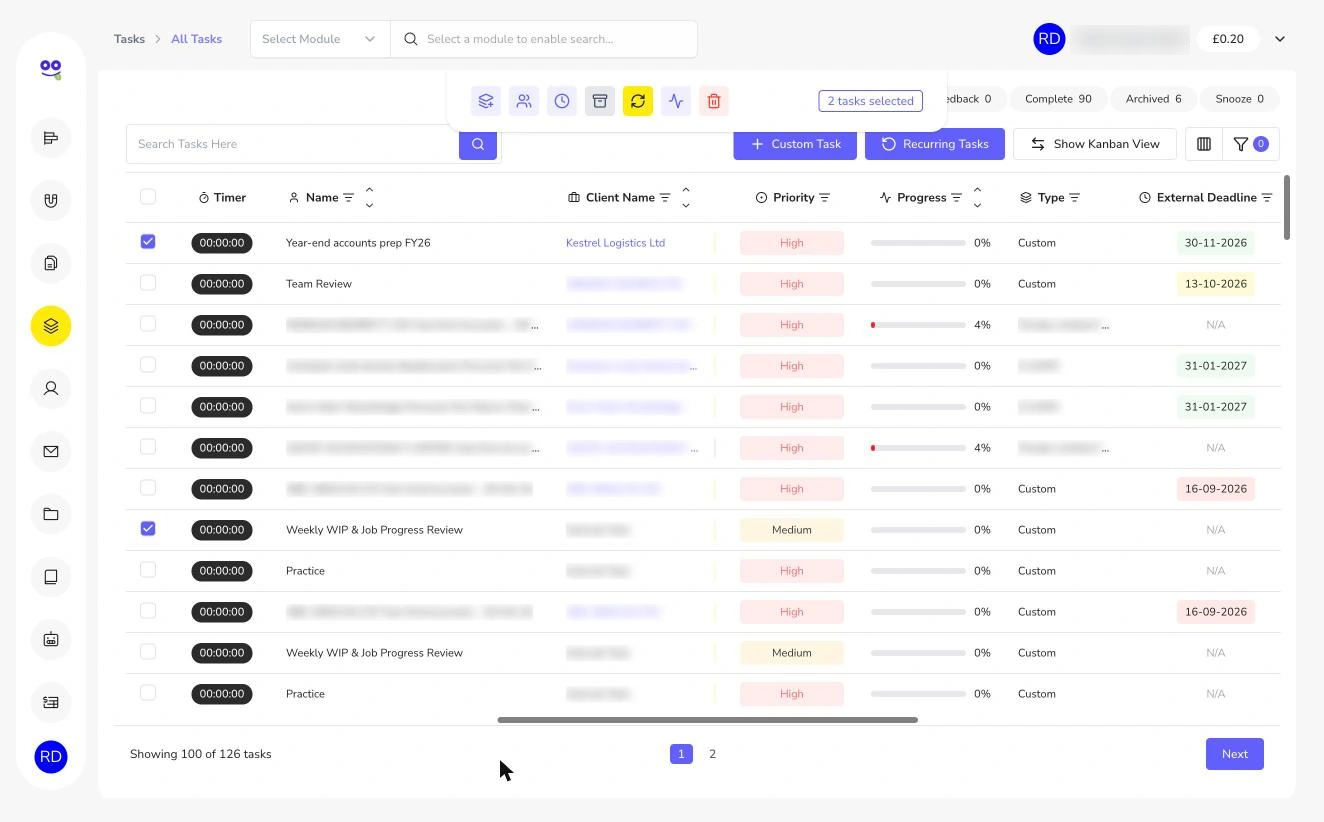 Archived tasks in Remindoo: Bulk action bar with two tasks selected